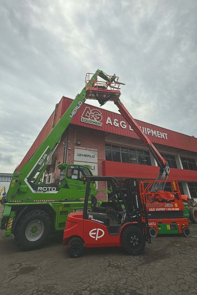 Merlo Roto telehandler, EP forklift and Dingli scissor lift in front of the A&G Equipment premises
