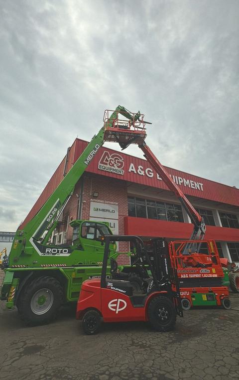 Merlo Roto telehandler, EP forklift and Dingli scissor lift in front of the A&G Equipment premises