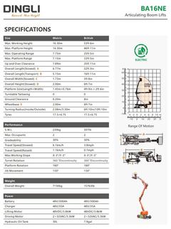 Dingli BA16NE specification sheet and range-of-motion chart – boom lift rental in Johor