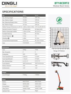 Dingli 18m electric boom lift specification sheet and range-of-motion chart – rental in Johor
