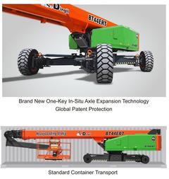 Dingli BT44ERT expanding axles, and the machine stowed in a standard shipping container – boom lift rental in Johor
