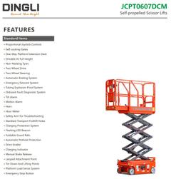 Dingli JCPT0607DCM battery scissor lift raised, with its standard features list – rental in Johor