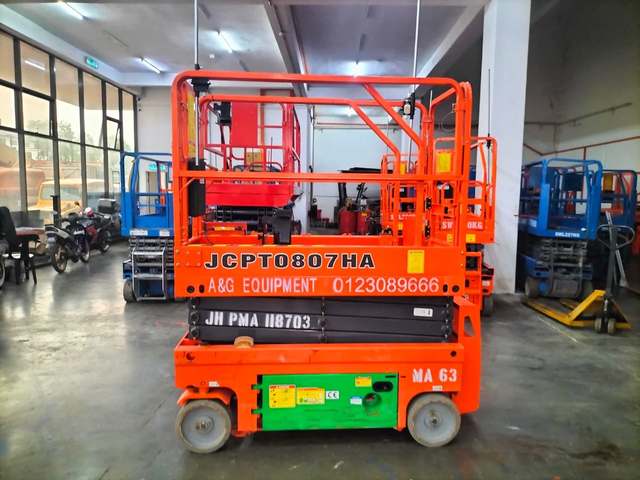 Dingli JCPT0807HA battery scissor lift in the A&G Equipment workshop, ready for a pre-use inspection in Johor