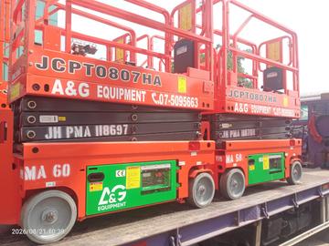 Two Dingli JCPT0807HA scissor lifts on a delivery lorry in Johor