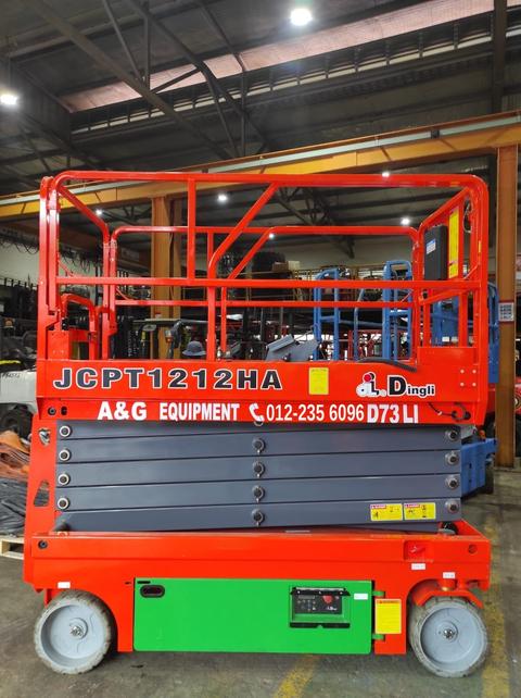 Dingli JCPT1212HA 12m battery scissor lift in the A&G Equipment workshop, ready for fit-out and M&E work in Johor