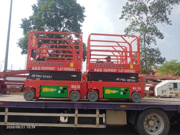Dingli scissor lifts arriving on a lorry at a customer site in Johor